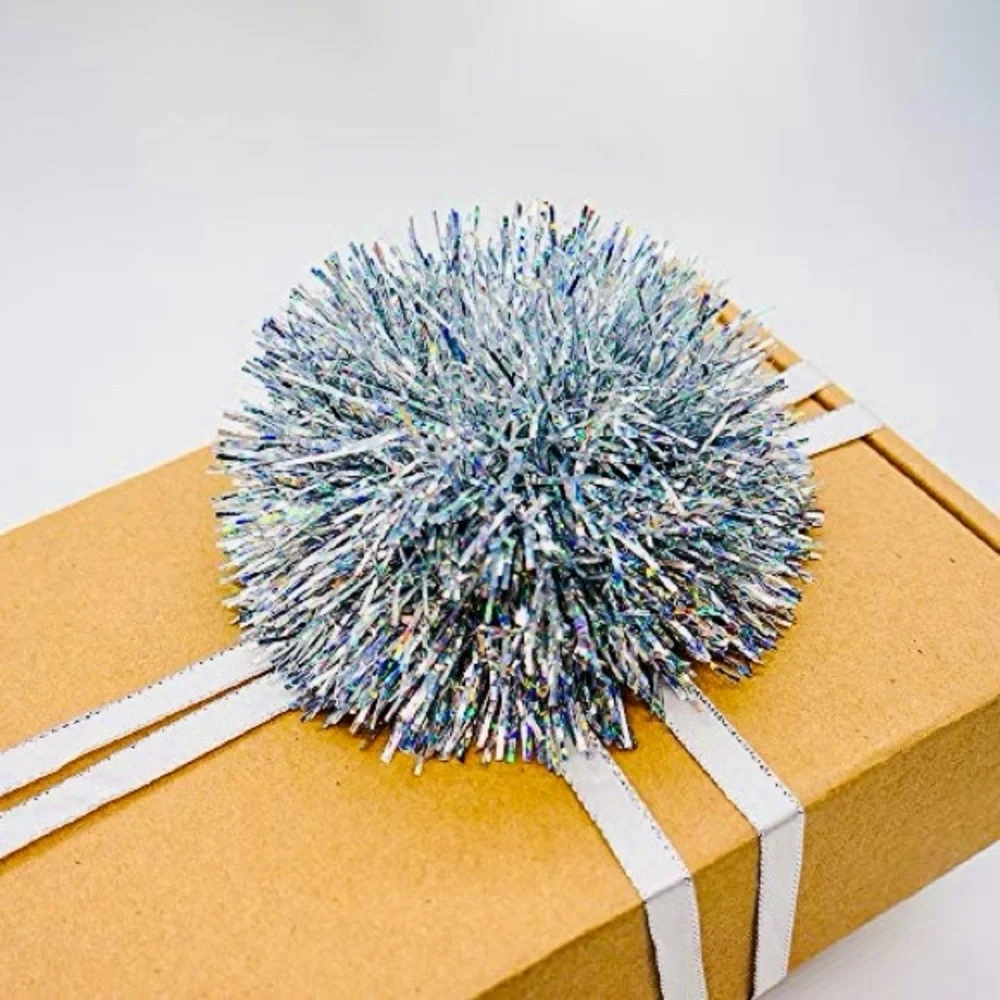 4 Silver Metallic Pom Pom Bows for Party Gift Wrap